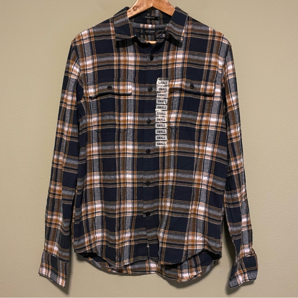 Lucky Brand Classic Fit Button Up Yellow and Navy Plaid - Size Small
